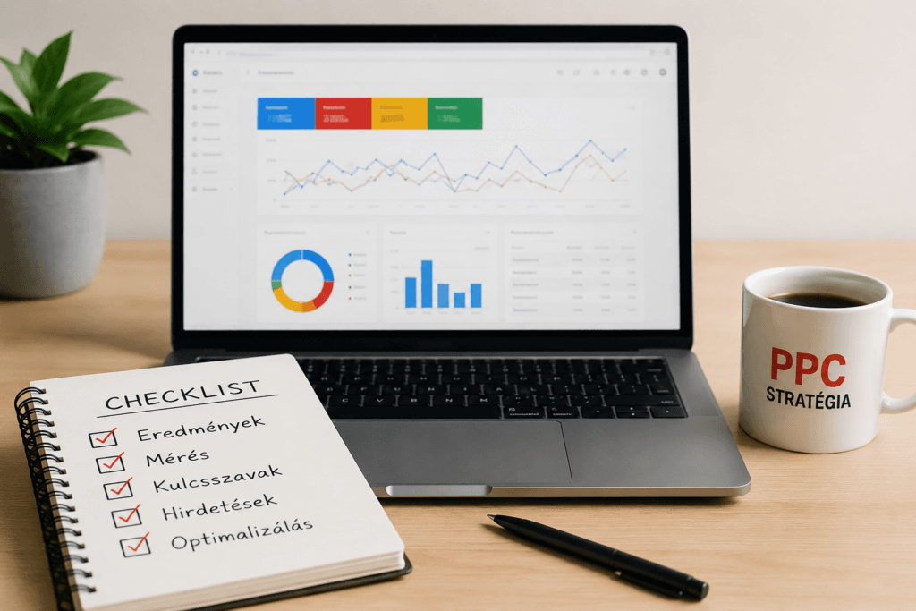 laptop mellett egy teendők lista a sikeres ppc kampányhoz